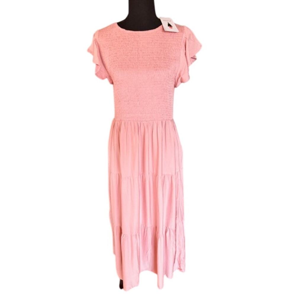 ZESICA Smocked Flutter Sleeve Cottagecore Romantic Midi Dress – Pink – Size L